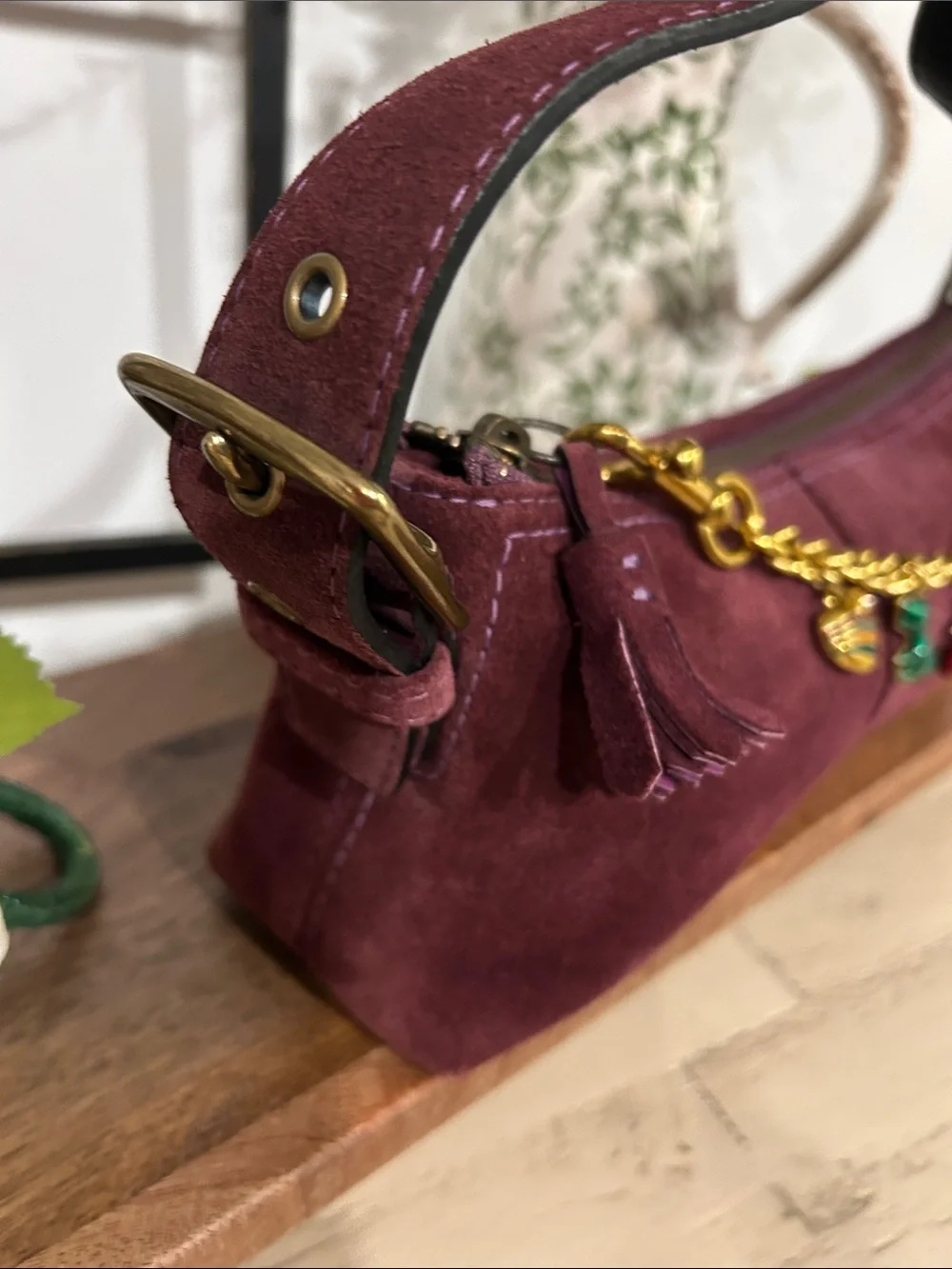 Coach Burgundy Suede Shoulder Bag with Gold Charm Chain